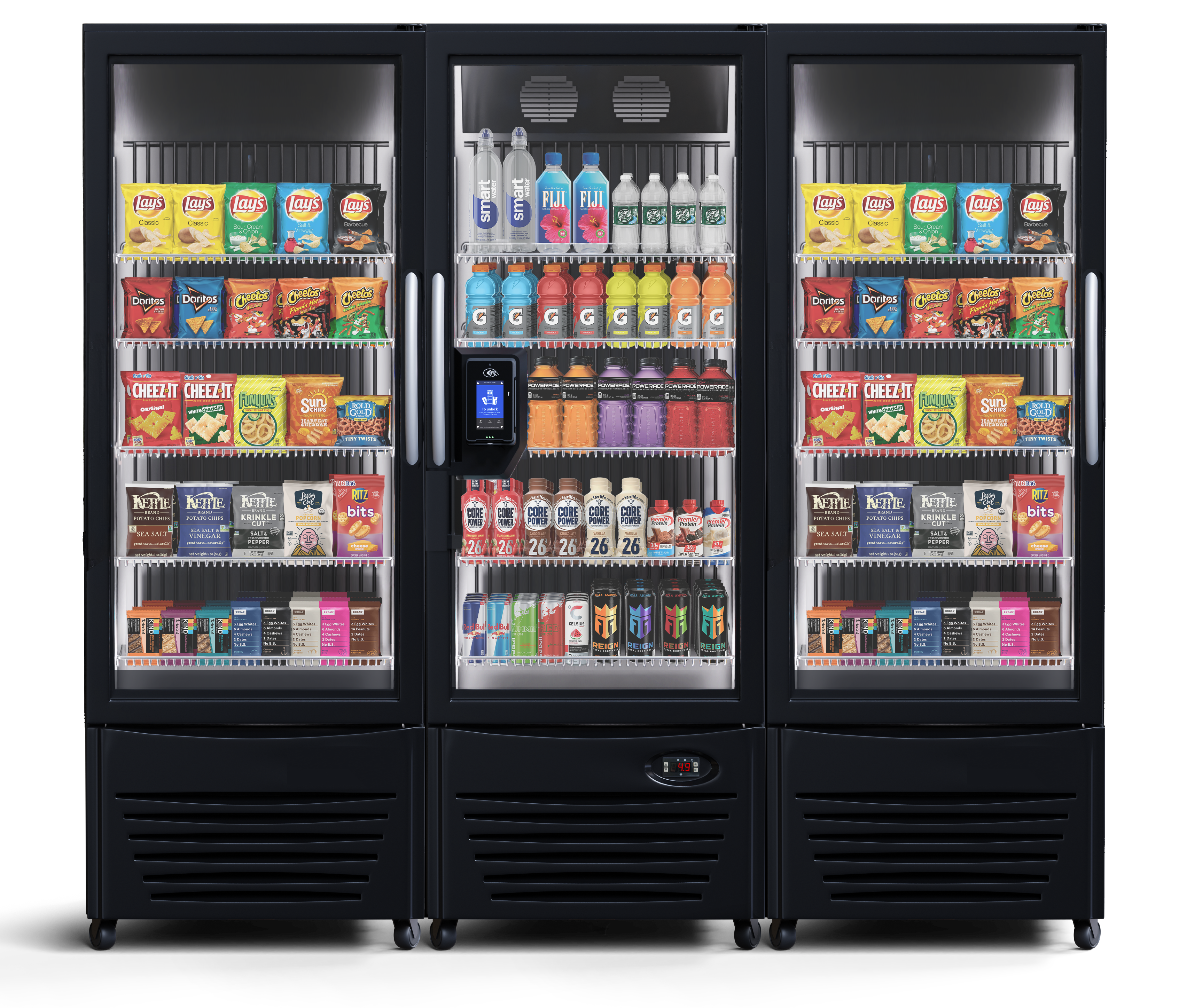 Three-bay combo setup with cooler and two ambient cabinets