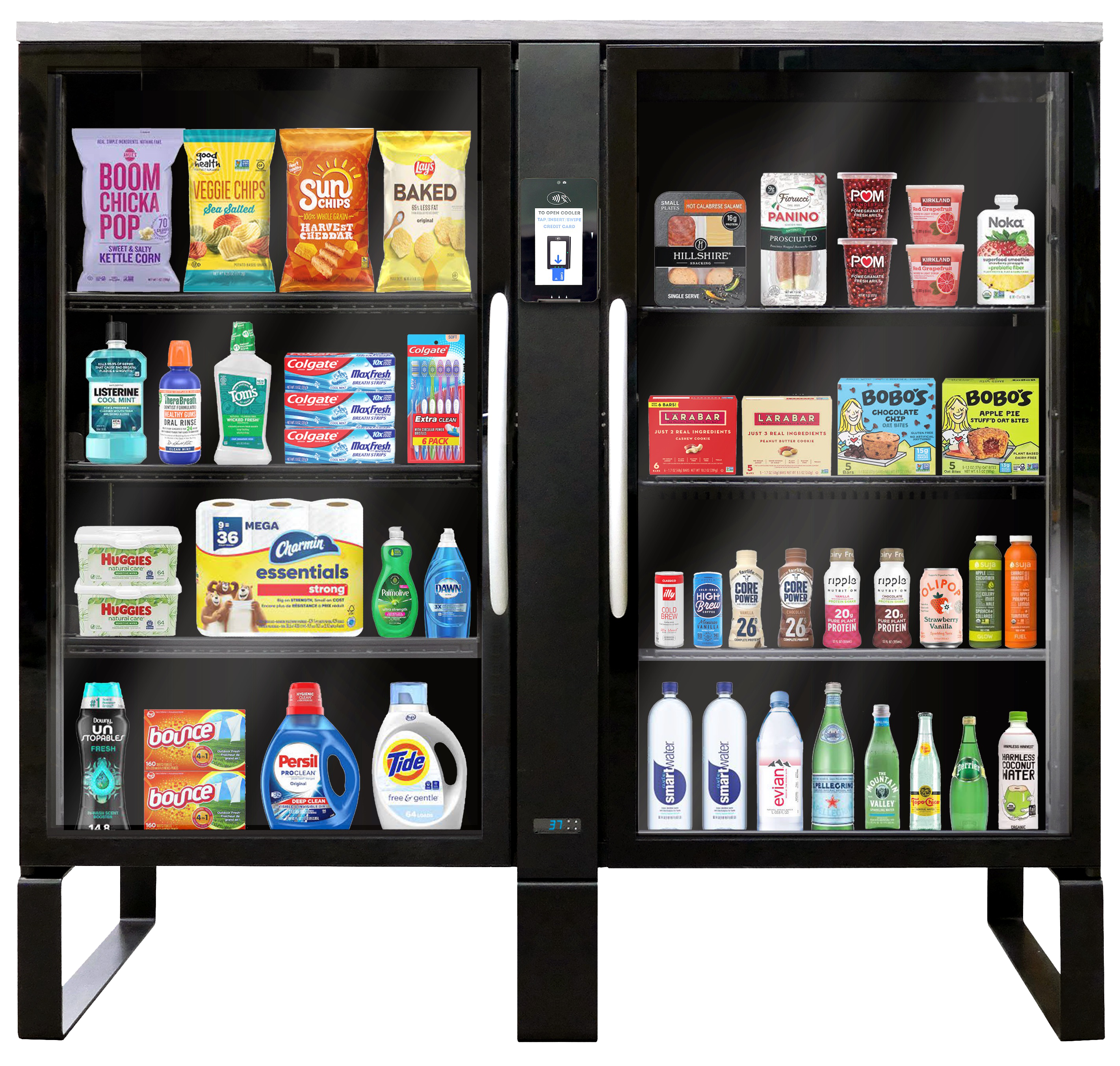 Smart Cabinet — full product view with snacks, drinks, and essentials